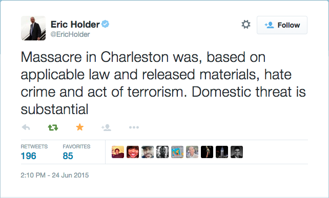 Massacre in Charleston was, based on applicable law and released materials, hate crime and act of terrorism. Domestic threat is substantial