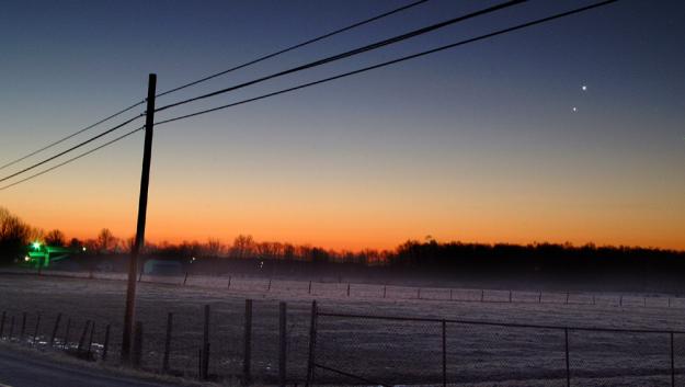 Venus and Jupiter above a rural road in Ohio