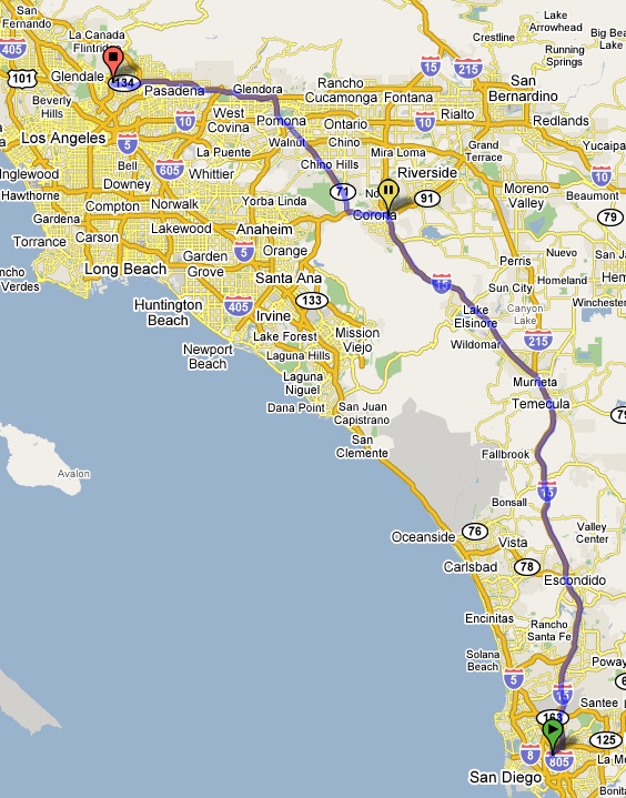 Map of the Route from San Diego to Los Angeles via I-15